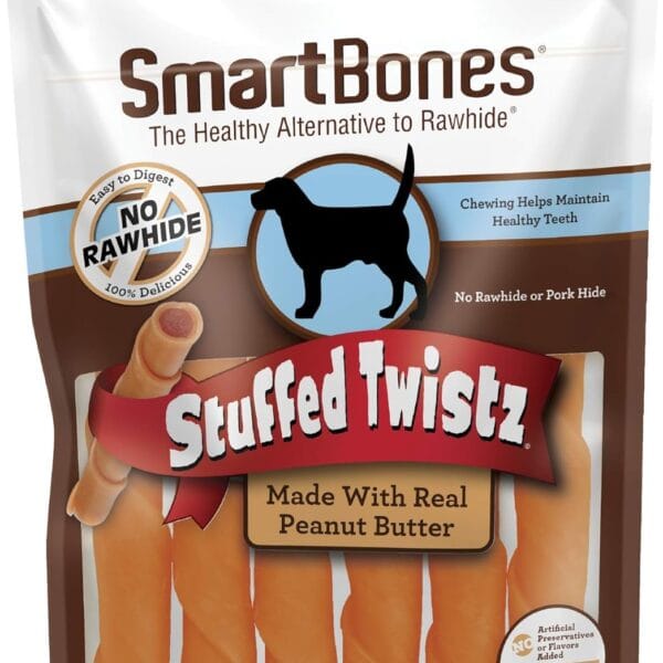 Smartbones Stuffed Twistz with Peanut Butter 6 Count, Rawhide-Free Chews for Dogs, No Artificial Preservatives or Flavors Added (SBST-00300)