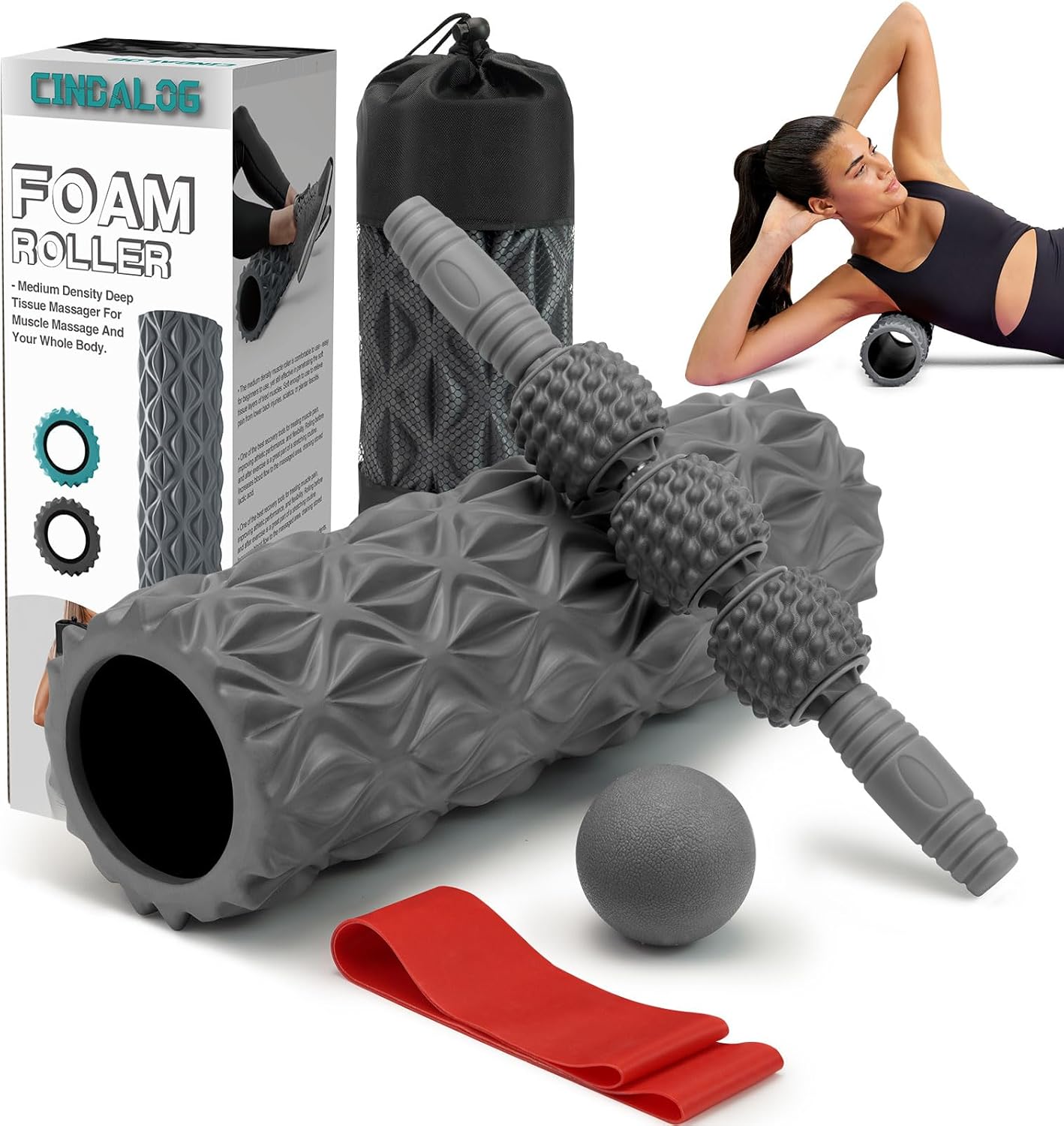 5 in 1 Foam Roller Set - Trigger Point Foam Back Roller, Muscle Roller Stick, Massage Ball, Stretching Band for Deep Muscle Massage Pilates Yoga,Fitness Exercise for Whole Body Release 5 in 1 Foam Roller Set - Trigger Point Foam Back Roller, Muscle Roller Stick, Massage Ball, Stretching Band for Deep Muscle Massage Pilates Yoga,Fitness Exercise for Whole Body Release