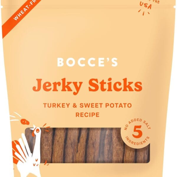 Bocce's Bakery Jerky Stick Dog Treats, Wheat-Free, Made with Limited-Ingredients, Baked in The USA with No Added Salt or Sugar, All-Naural & High-Protein, Turkey & Sweet Potato, 4 oz