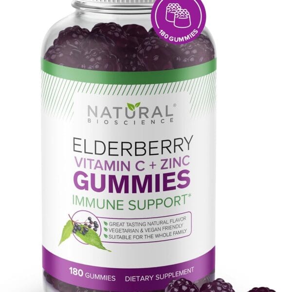 Natural BioScience Sambucus Elderberry Gummies with Vitamin C & Zinc, Immune Support for Adults & Kids, Daily Antioxidant & Wellness Boost, 180 Vegan, Gluten-Free, Chewable Elderberry Gummies