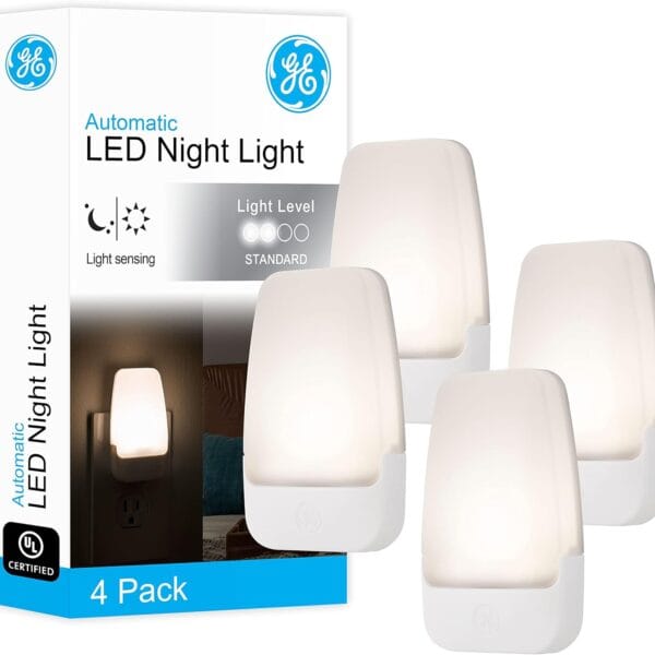 GE LED Night Light, Plug-in, Dusk to Dawn Sensor, Warm White, Ambient Lighting, Ideal for Kids and Adults Bedroom, Bathroom, Nursery, Hallway, Kitchen, 46882, 4 Pack