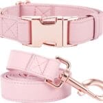 Dog Collar and Leash Set.Soft and Easy to Clean Vegan Leather with Rose Gold Metal Buckle for Small Medium Large Dogs (Pink, L(15.4-24.8)