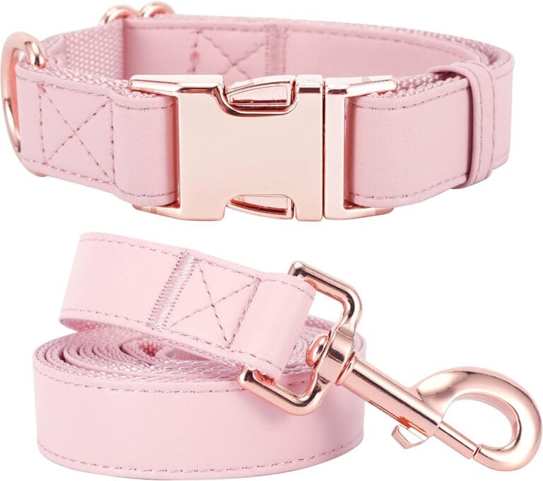 Dog Collar and Leash Set.Soft and Easy to Clean Vegan Leather with Rose Gold Metal Buckle for Small Medium Large Dogs (Pink, L(15.4-24.8)