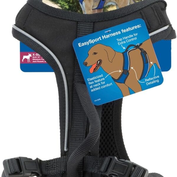 PetSafe EasySport Harness - Durable Padded Fabric, Adjustable Elastic Neckline, Rear-Leash Attachment & Nighttime Reflective Visibility - No Choke or Gag Secure Fit - Extra-Small - Black