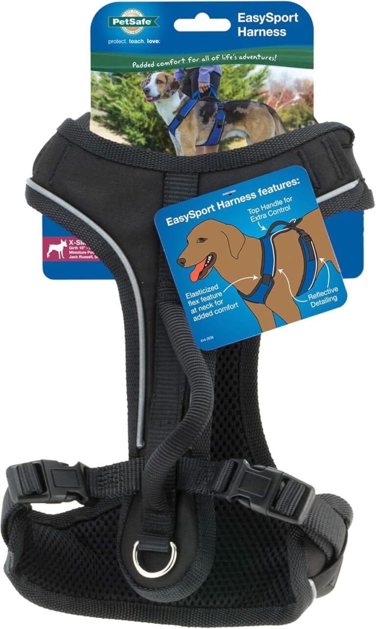 PetSafe EasySport Harness - Durable Padded Fabric, Adjustable Elastic Neckline, Rear-Leash Attachment & Nighttime Reflective Visibility - No Choke or Gag Secure Fit - Extra-Small - Black