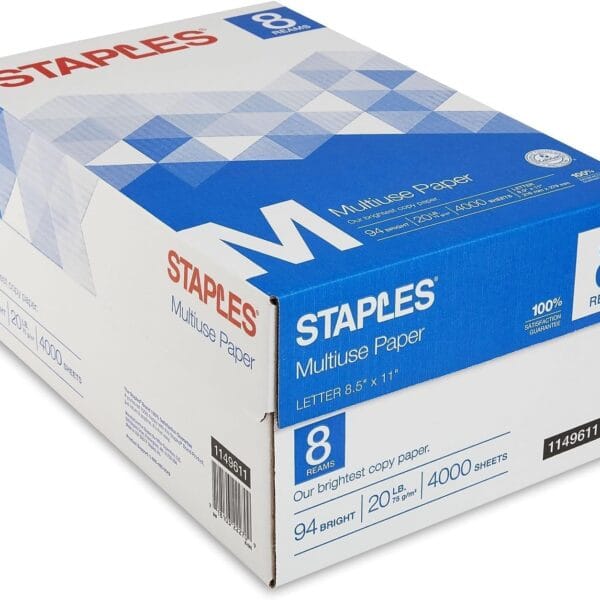 Staples Multipurpose Copy Printer Paper, 20 lb, 8.5 x 11 Inches, 8 Reams (4,000 Sheets), 94 Bright, White