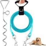 Dog Tie Out Cable and Stake,15FT Outside Dog Run Cable Leash&Chain with Hand Strap for Camping and Yard, 16'' Heavy Duty Anti Rust Spiral Stake for Small-Large Dogs Up to 125lbs (Teal, 125lbs 15FT)