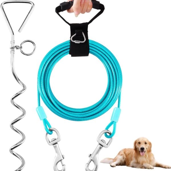 Dog Tie Out Cable and Stake,15FT Outside Dog Run Cable Leash&Chain with Hand Strap for Camping and Yard, 16'' Heavy Duty Anti Rust Spiral Stake for Small-Large Dogs Up to 125lbs (Teal, 125lbs 15FT)