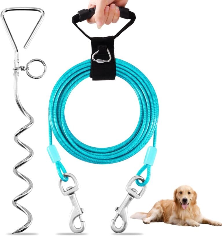 Dog Tie Out Cable and Stake,15FT Outside Dog Run Cable Leash&Chain with Hand Strap for Camping and Yard, 16'' Heavy Duty Anti Rust Spiral Stake for Small-Large Dogs Up to 125lbs (Teal, 125lbs 15FT)