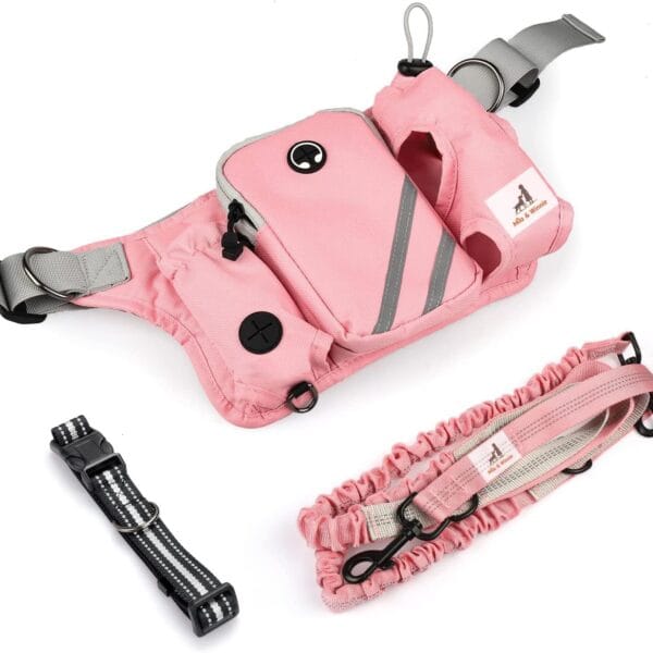 Mila & Winnie Hands Free Dog Leash with Zipper Pouch - Waist Belt with Multi Pockets Bag - Reflective Stitching Bungee with Running Waist Belt & Head Collar for Dogs Training, Jogging, Hiking, Pink