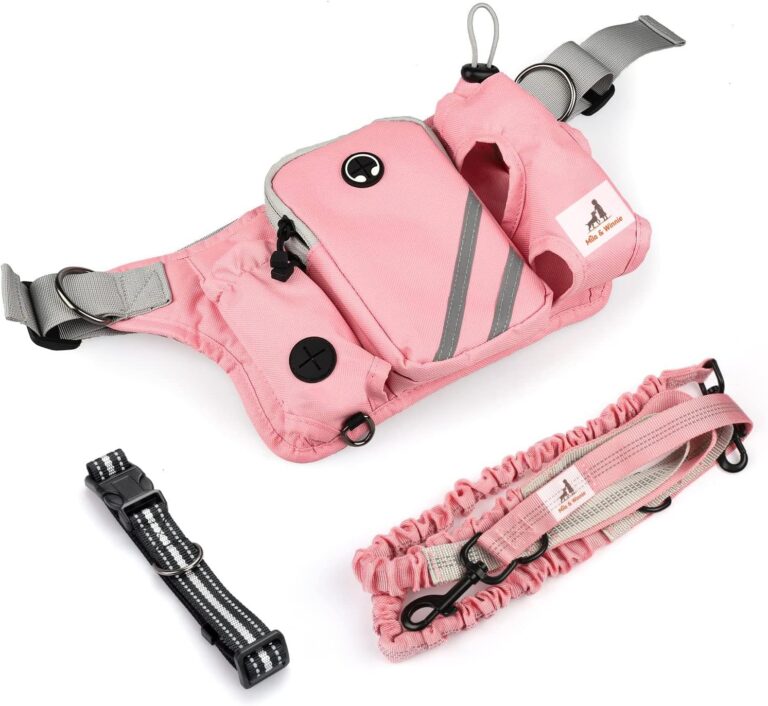 Mila & Winnie Hands Free Dog Leash with Zipper Pouch - Waist Belt with Multi Pockets Bag - Reflective Stitching Bungee with Running Waist Belt & Head Collar for Dogs Training, Jogging, Hiking, Pink