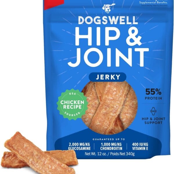 Dogswell Jerky Hip and Joint Dog Treats Grain Free Made in USA Only, Glucosamine and Chondroitin, 12 oz Chicken