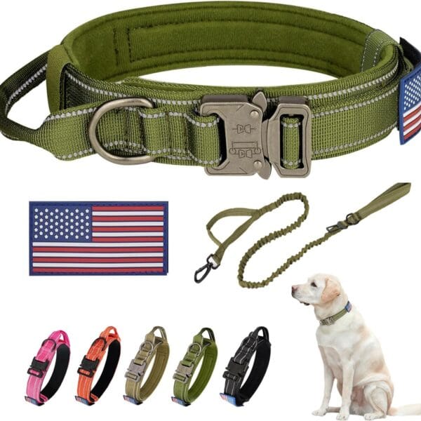 KCUCOP Tactical Dog Collar, Heavy Duty Dog Collar with Handle and Metal Buckle, Military Thick Dog Collars for Medium and Large Dogs(Green-Reflective Set-M, 1 Patch)