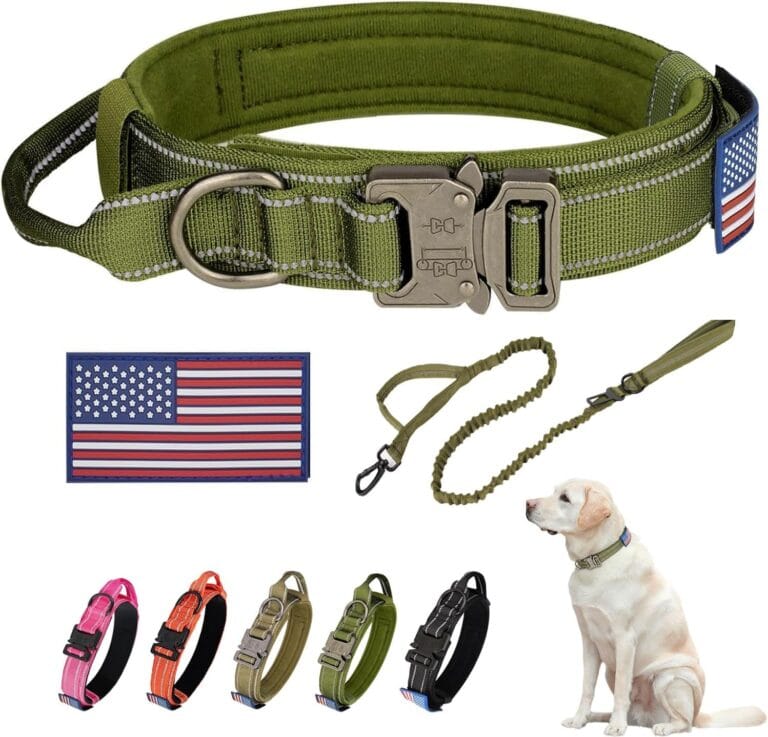 KCUCOP Tactical Dog Collar, Heavy Duty Dog Collar with Handle and Metal Buckle, Military Thick Dog Collars for Medium and Large Dogs(Green-Reflective Set-M, 1 Patch)