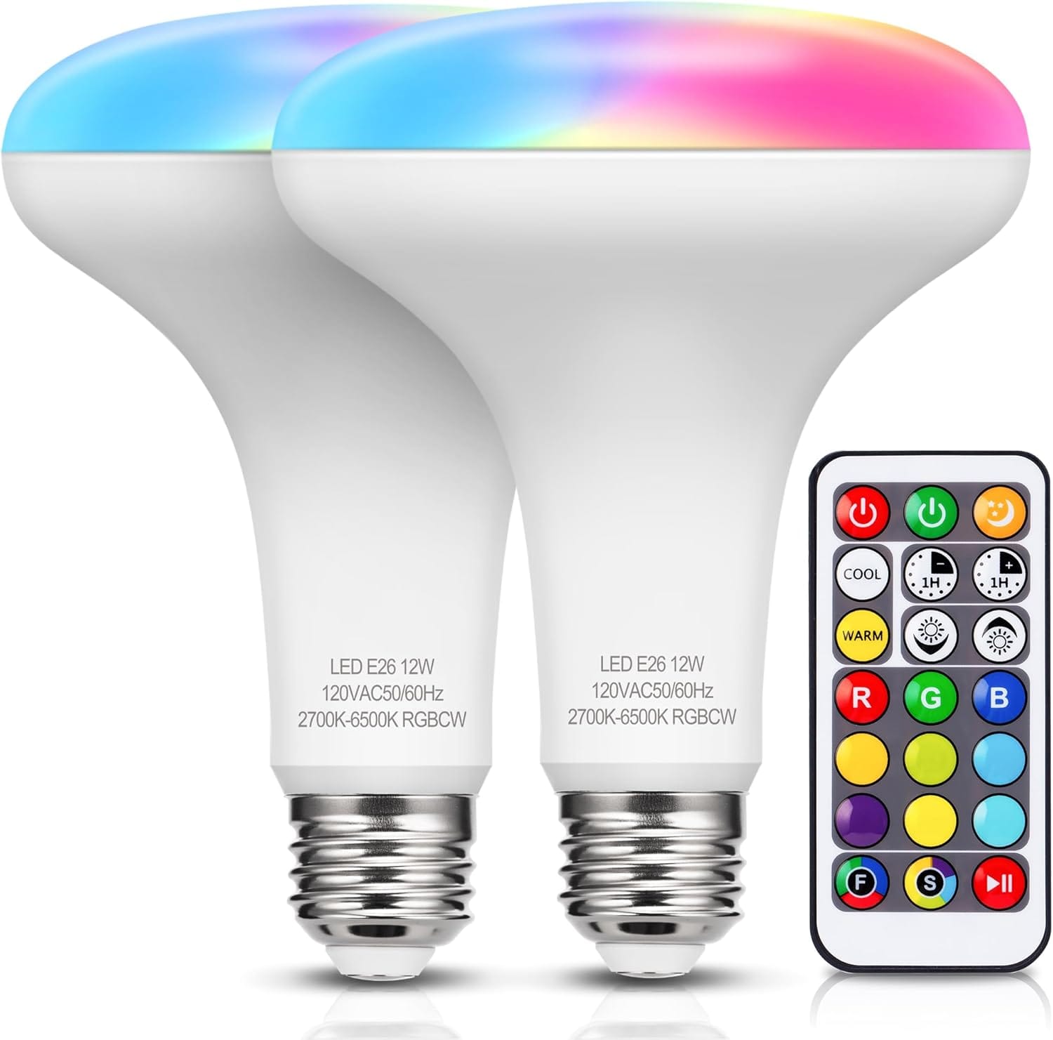 JandCase BR30 Color Changing Light Bulb, RGB+Warm+Cool White LED Flood Lights, 12W(100W Equivalent), 1050lm, Remote Control, Dimmable Multi-color Can Light Bulbs for Ceiling, E26 Base, 2 Pack JandCase BR30 Color Changing Light Bulb, RGB+Warm+Cool White LED Flood Lights, 12W(100W Equivalent), 1050lm, Remote Control, Dimmable Multi-color Can Light Bulbs for Ceiling, E26 Base, 2 Pack
