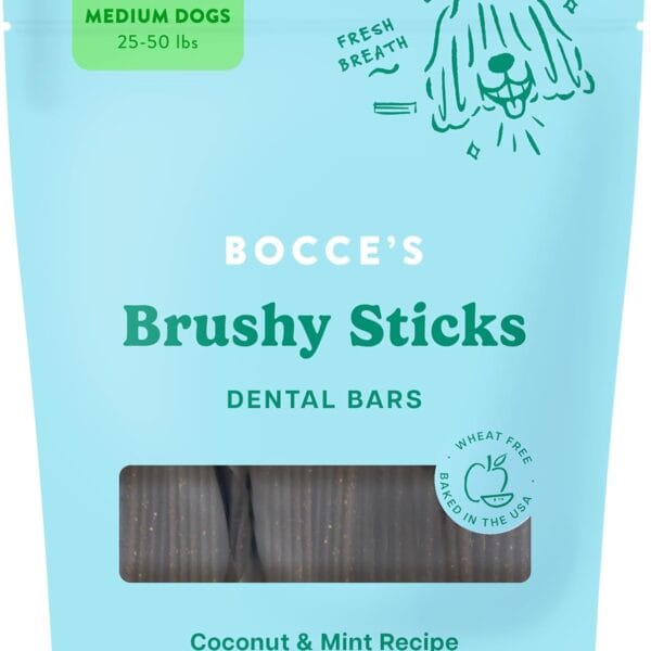 Bocce's Bakery Dailies Brushy Sticks to Support Oral Health & Fresh Breath, Wheat-Free Dental Bars for Dogs, Made with Real Ingredients, Baked in The USA, All-Natural Coconut & Mint, Medium Dogs