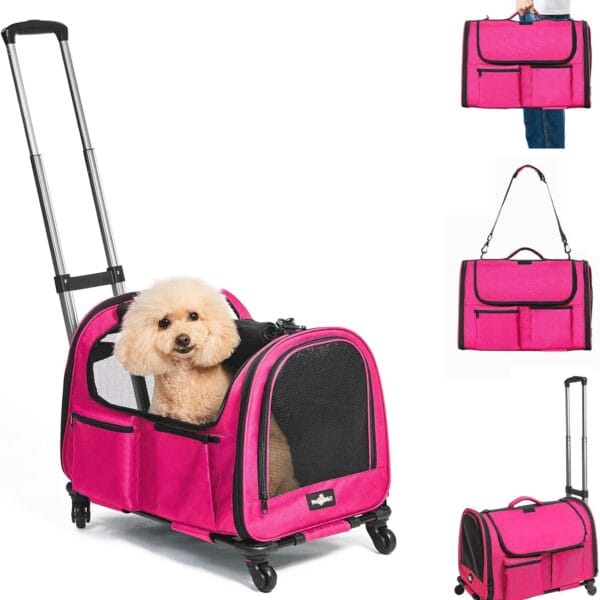 Large Pet Carrier with Wheels, Foldable Rolling Dog Carrier with Big Pocket, Cat Rolling Bag 21"x13"x13"for 2 Cats &Dogs, Use for Travel, Outdoor, Vet Visits, Camping, Indoor. Pink