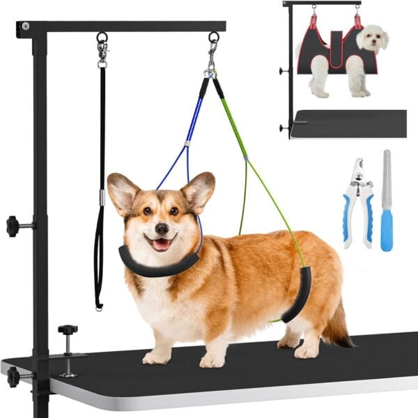 Dog Grooming Arm with Clamp,35" Pet Grooming Hammock Table Arm with Adjustable No Sit Haunch Holders,Dog Grooming Table Stand for Foldable at Home with Loop Noose for Small Dogs and Medium Pets