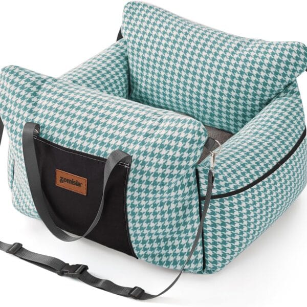 Dog Car Seat for Small to Medium Dogs - Waterproof Pet Booster Seat with Clip-On Safety Leash, Carrier for Puppy up to 25 lbs, Memory Foam Filling & Adjustable Buckles, Green Houndstooth