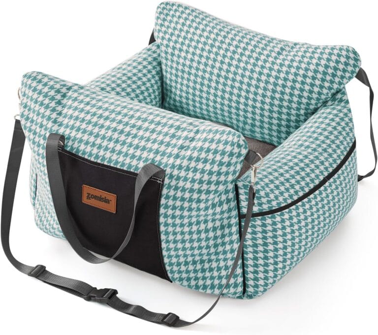 Dog Car Seat for Small to Medium Dogs - Waterproof Pet Booster Seat with Clip-On Safety Leash, Carrier for Puppy up to 25 lbs, Memory Foam Filling & Adjustable Buckles, Green Houndstooth