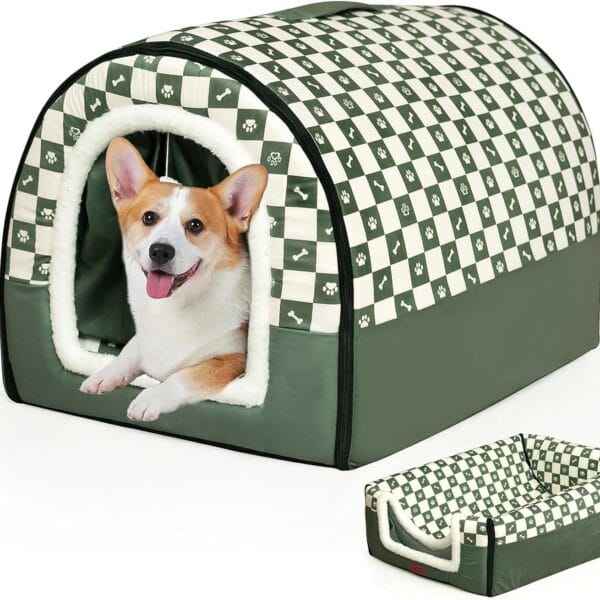 Dog House Indoor, Cozy Dog Cave Bed with Door Curtain, Cushion Mat, Removable and Washable Cover, Multi-Purpose Covered Dog Bed & Cat House for Cats and Small Dogs