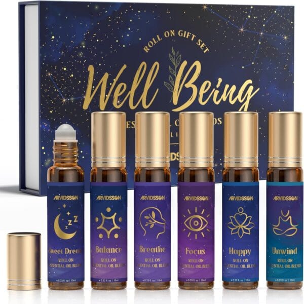 Essential Oils Roll On Set, Natural Aromatherapy Oil Roller for Body, Skin, Massage, Essential Oil Blends - Sweet Dream, Unwind, Breahte, Balance, Focus, Happy, Gifts for Women