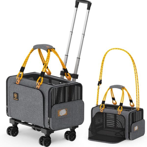 PAWZIDEA Pet Carrier with Wheels, 18x11x11 TSA Airline Approved Cat Carrier for 2 Cats Under Seat, Expandable Soft-Sided Dog Carrier for Small Dogs Rolling Travel Bag with Telescopic Handle, ID Card
