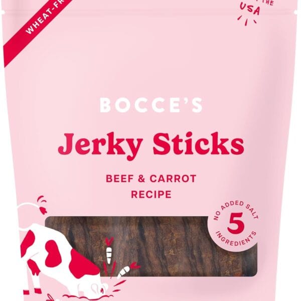 Bocce's Bakery Jerky Stick Dog Treats, Wheat-Free, Made with Limited-Ingredients, Baked in The USA with No Added Salt or Sugar, All-Naural & High-Protein, Beef & Carrot Recipe, 4 oz