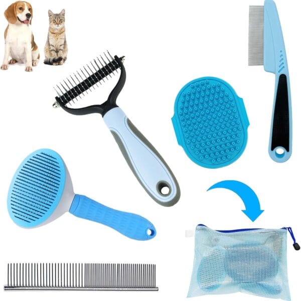 Dog Brush Grooming Kit 5PCS - Dog Brushes for Grooming, Dog Brush for Shedding,Puppy Brush and Flea Comb for Dogs, Slicker Brush Comb and Dog Hair Brush Set Blue