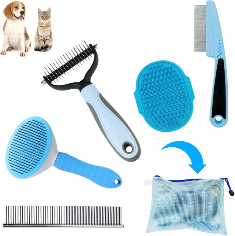 Dog Brush Grooming Kit 5PCS - Dog Brushes for Grooming, Dog Brush for Shedding,Puppy Brush and Flea Comb for Dogs, Slicker Brush Comb and Dog Hair Brush Set Blue