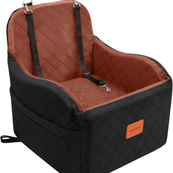 Dog Car Seat for Small/Medium Dogs, Memory Foam Dog Booster Seat for Dogs up to 35 lbs, Travel Safety Per Car Seat with Washable Removable Cover and Storage Pockets (Black/Brown, Medium)