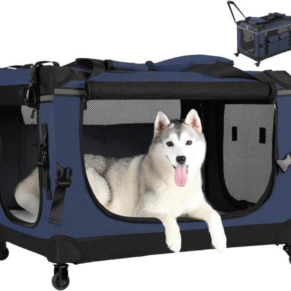 30IN Soft Collapsible Dog Crate w Detachable Wheels, Rolling Travel Dog Crate for Medium Breed Dogs, Portable Dog Kennel with Mesh Windows, Indoor & Outdoor Uses