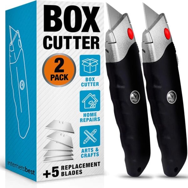 INTERNET'S BEST Premium Utility Knife Set | Retractable Box Cutter with Rubber Handle | Heavy-Duty Cutting for Cardboard, Carpet, Plastic | Retractable Blade | Includes 2 Razor Knives & Extra Blades