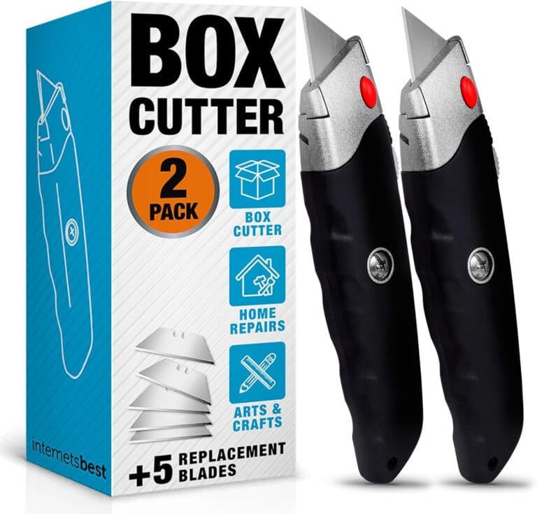 INTERNET'S BEST Premium Utility Knife Set | Retractable Box Cutter with Rubber Handle | Heavy-Duty Cutting for Cardboard, Carpet, Plastic | Retractable Blade | Includes 2 Razor Knives & Extra Blades