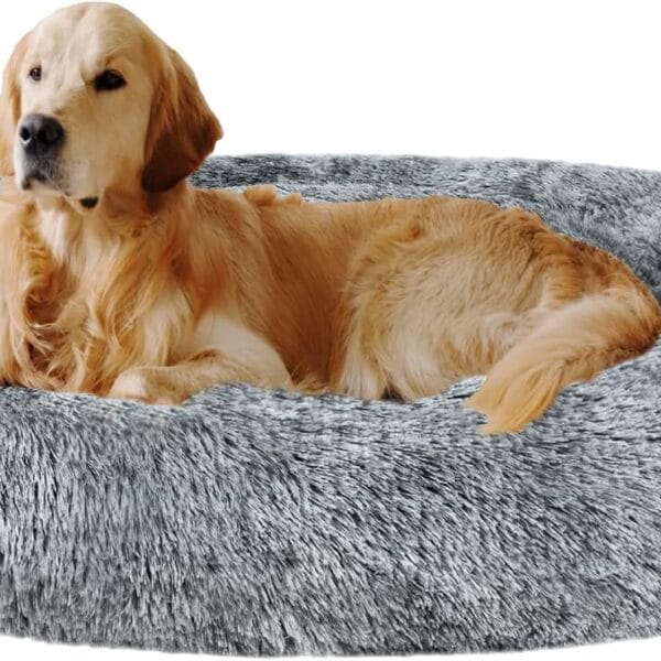 Coohom Oval Calming Donut Cuddler Dog Bed,Shag Faux Fur Cat Bed Washable Round Pillow Pet Bed(30"/36"/43") for Small Medium Dogs (XL(36"x27"x7"), Grey)