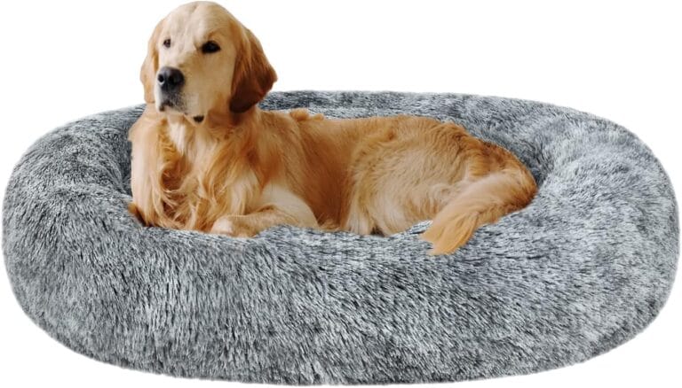Coohom Oval Calming Donut Cuddler Dog Bed,Shag Faux Fur Cat Bed Washable Round Pillow Pet Bed(30"/36"/43") for Small Medium Dogs (XL(36"x27"x7"), Grey)