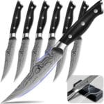 Steak Knives Set of 6, 4.8 Inch Non Serrated Razor-Sharp Durable Dinner knives with Rest, German Stainless Steel Damascus Pattern Full Tang Forged, Rust Resistant & Easy to Maintain
