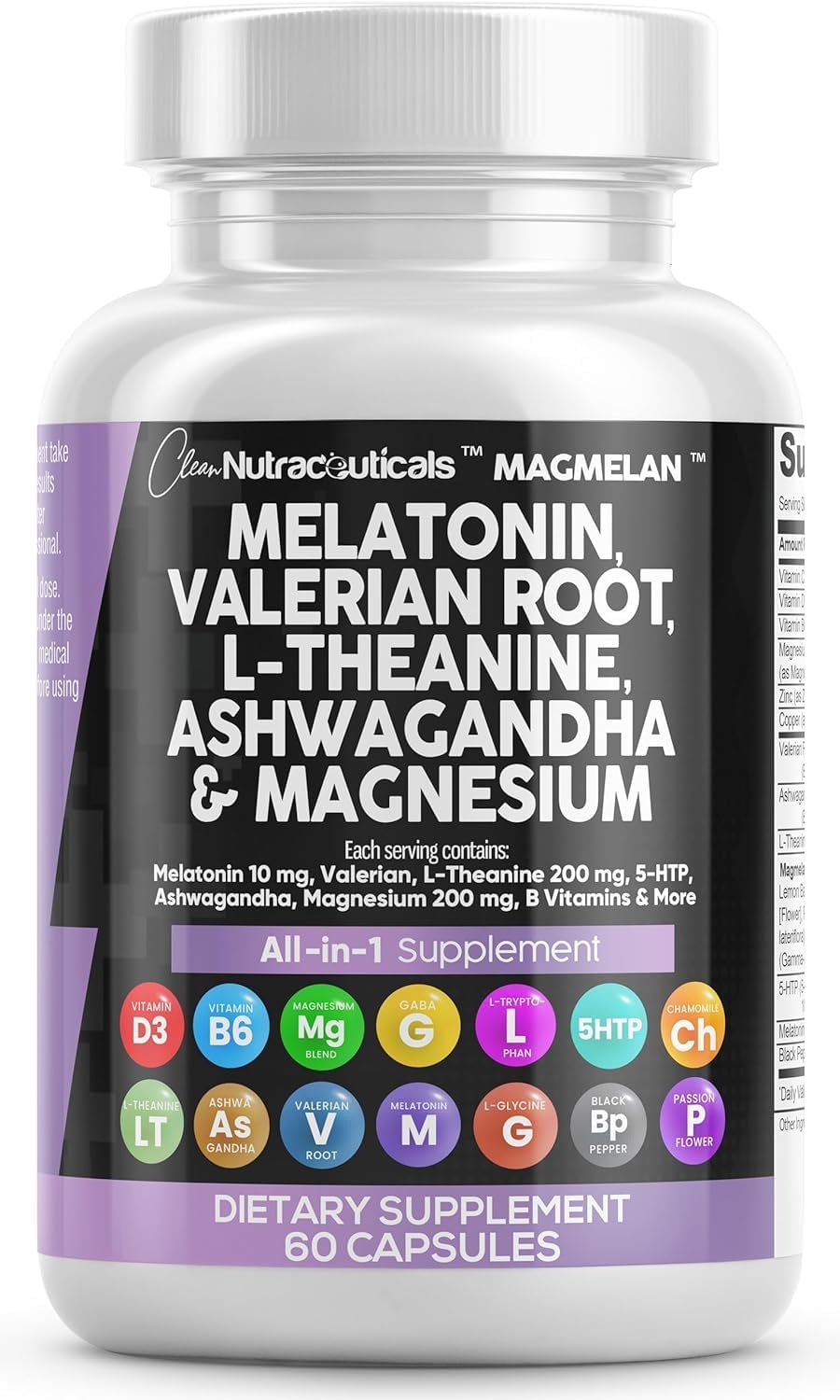 Clean Nutraceuticals Melatonin 10mg Valerian Root L Theanine 200mg Ashwagandha - Sleep Support for Women & Men with Magnesium Complex, Lemon Balm, Chamomile, & Passion Flower - 60 Caps Clean Nutraceuticals Melatonin 10mg Valerian Root L Theanine 200mg Ashwagandha - Sleep Support for Women & Men with Magnesium Complex, Lemon Balm, Chamomile, & Passion Flower - 60 Caps
