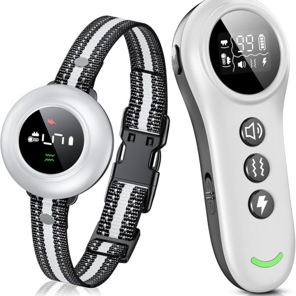 2-in-1 Dog Shock Collar & Dog Bark Collar - Smart Anti Barking Dog Training Collar with 5 Adjustable Sensitivity & 3300FT Remote for All Breeds IP67 Waterproof Rechargeable E-Collar (White)