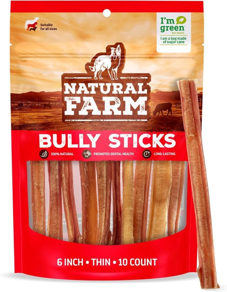 Natural Farm Odor-Free Thin Bully Sticks (6, 10-Pack) All-Natural Long-Lasting Dog Chews, 100% Beef Pizzle, Grass-Fed, Grain-Free, Protein for Muscle Development & Energy, Perfect for Medium Chewers