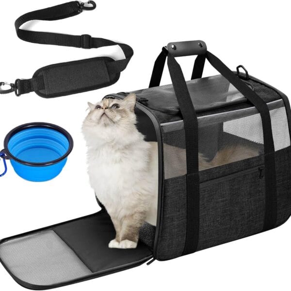 Cat Carrier Soft-Sided for Large Cats, Dog Carriers for Small Dogs, Airline Approved Pet Travel Carrier for Cats Puppies up to 16Lbs with Safety Zippers Foldable Bowl, 18x12.5x14.2, Black