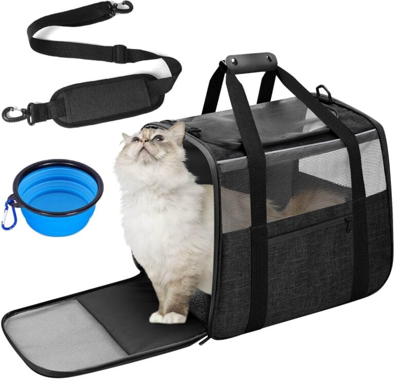 Cat Carrier Soft-Sided for Large Cats, Dog Carriers for Small Dogs, Airline Approved Pet Travel Carrier for Cats Puppies up to 16Lbs with Safety Zippers Foldable Bowl, 18x12.5x14.2, Black