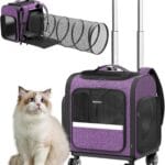 Rolling Cat Carrier with Wheels Dog Carrier for Small Dogs & Medium Cats, Expandable Pet Carrier on Wheels with Cat Play Tunnel, Large Capacity, Breathable Mesh, Side Pocket, Purple