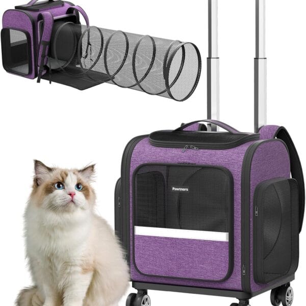 Rolling Cat Carrier with Wheels Dog Carrier for Small Dogs & Medium Cats, Expandable Pet Carrier on Wheels with Cat Play Tunnel, Large Capacity, Breathable Mesh, Side Pocket, Purple
