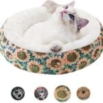 Circular Calming Dog & Cat Bed Anti-Anxiety Washable with Anti Slip Backing Donut Cuddler with Cute Jacquard Patterns for Cat and Small Puppy (XS-20in, Sunflower)