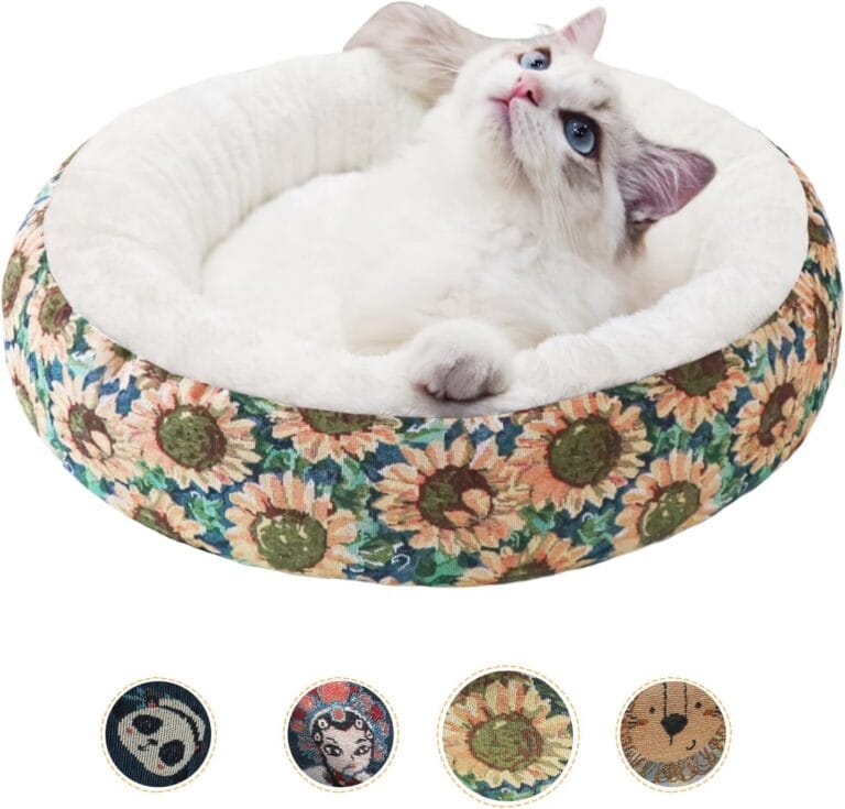 Circular Calming Dog & Cat Bed Anti-Anxiety Washable with Anti Slip Backing Donut Cuddler with Cute Jacquard Patterns for Cat and Small Puppy (XS-20in, Sunflower)