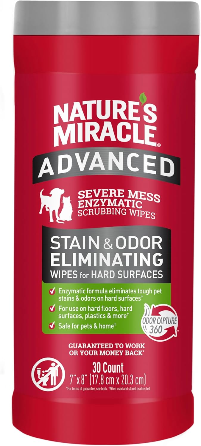 Natures Miracle Advanced Stain And Odor Eliminating Wipes for Hard Surfaces, 30 Count, Enzymatic Formula Eliminates Tough Pet Messes