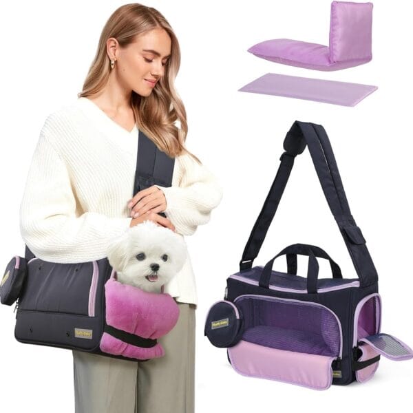 Small Dog Sling Carrier, Front Facing Dog Carrier Sling, Hands Free Pet Carriers Bag with Padded Adjustable Strap and Poop Dispenser Machine Washable for Small Dogs Cats Travel Outdoor-Black