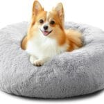 JOLLYVOGUE Calming Dog & Cat Bed for Small Dogs, Anti-Anxiety Donut Cuddler Cozy Soft Round Bed with Anti-Slip Bottom, Fluffy Faux Fur Plush Cushion Beds for Small Dogs, (23", Smoke Gray)