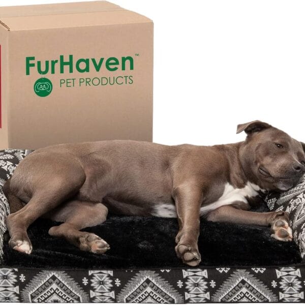 Furhaven Orthopedic Dog Bed for Large/Medium Dogs w/ Removable Bolsters & Washable Cover, For Dogs Up to 55 lbs - Plush & Southwest Kilim Woven Decor Sofa - Black Medallion, Large